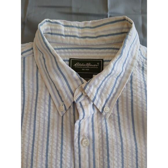 Eddie Bauer Buttton Shirt Men's Size L Tall Multicolor Stripes Seersucker Fabric - Picture 1 of 11